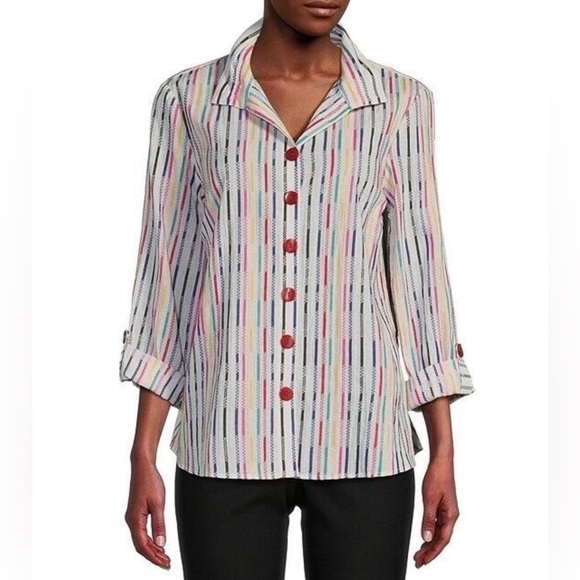 Ali Miles 1X Cotton Textured Rainbow Stripes Button Down Tunic Roll Tab Sleeve - Picture 15 of 15